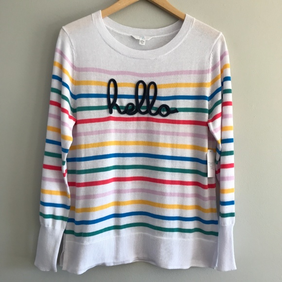 Time and Tru Sweaters - Time and Tru Hello Rainbow Striped Sweater